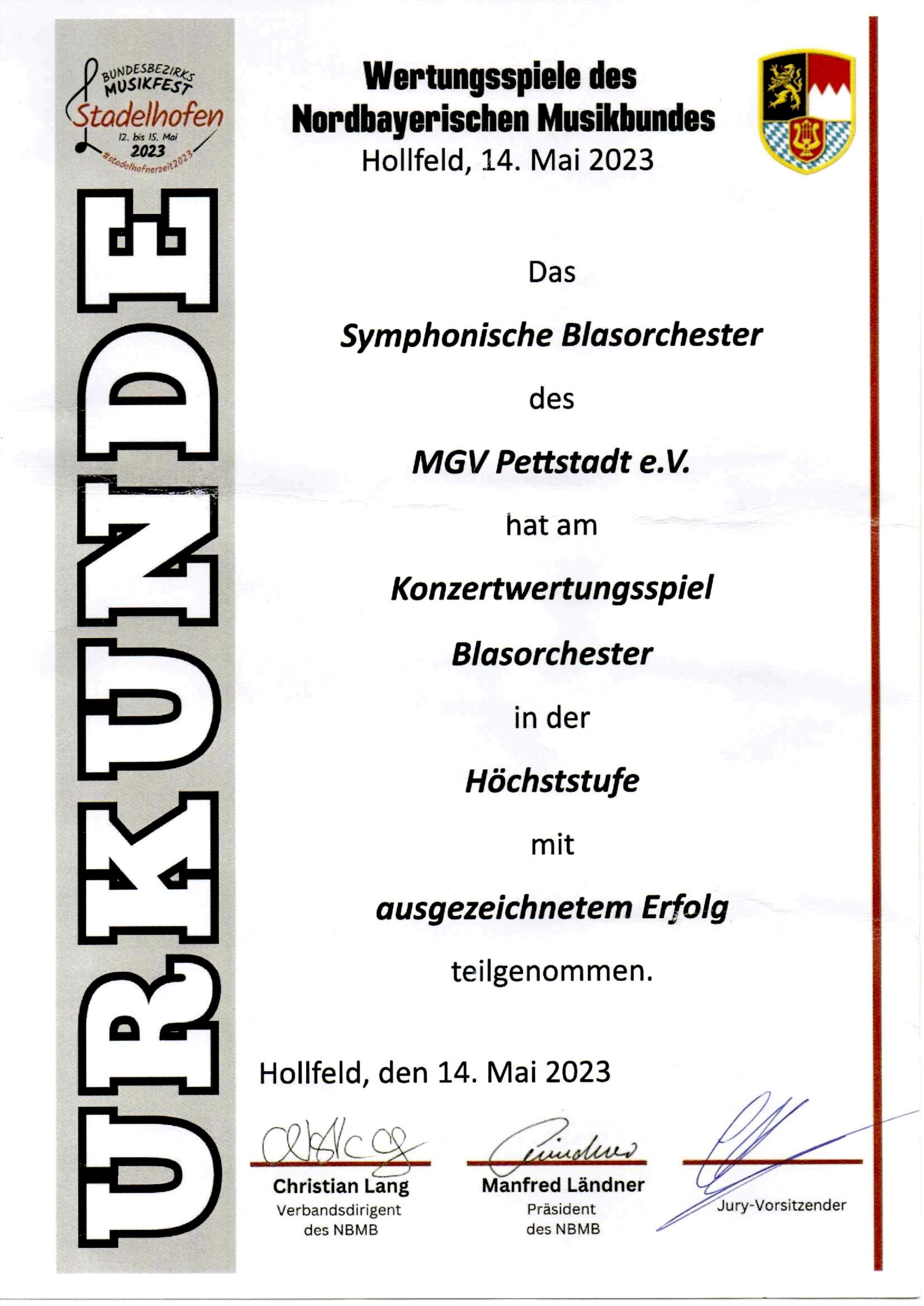 Urkunde Wertungsspiel 14.5.23